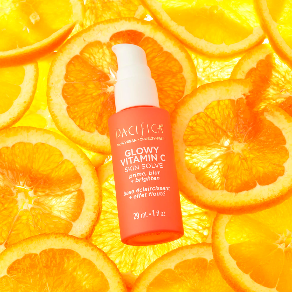 Pacifica Glowy Vitamin C Skin Solve Primer applied swatch demonstrates even tone.