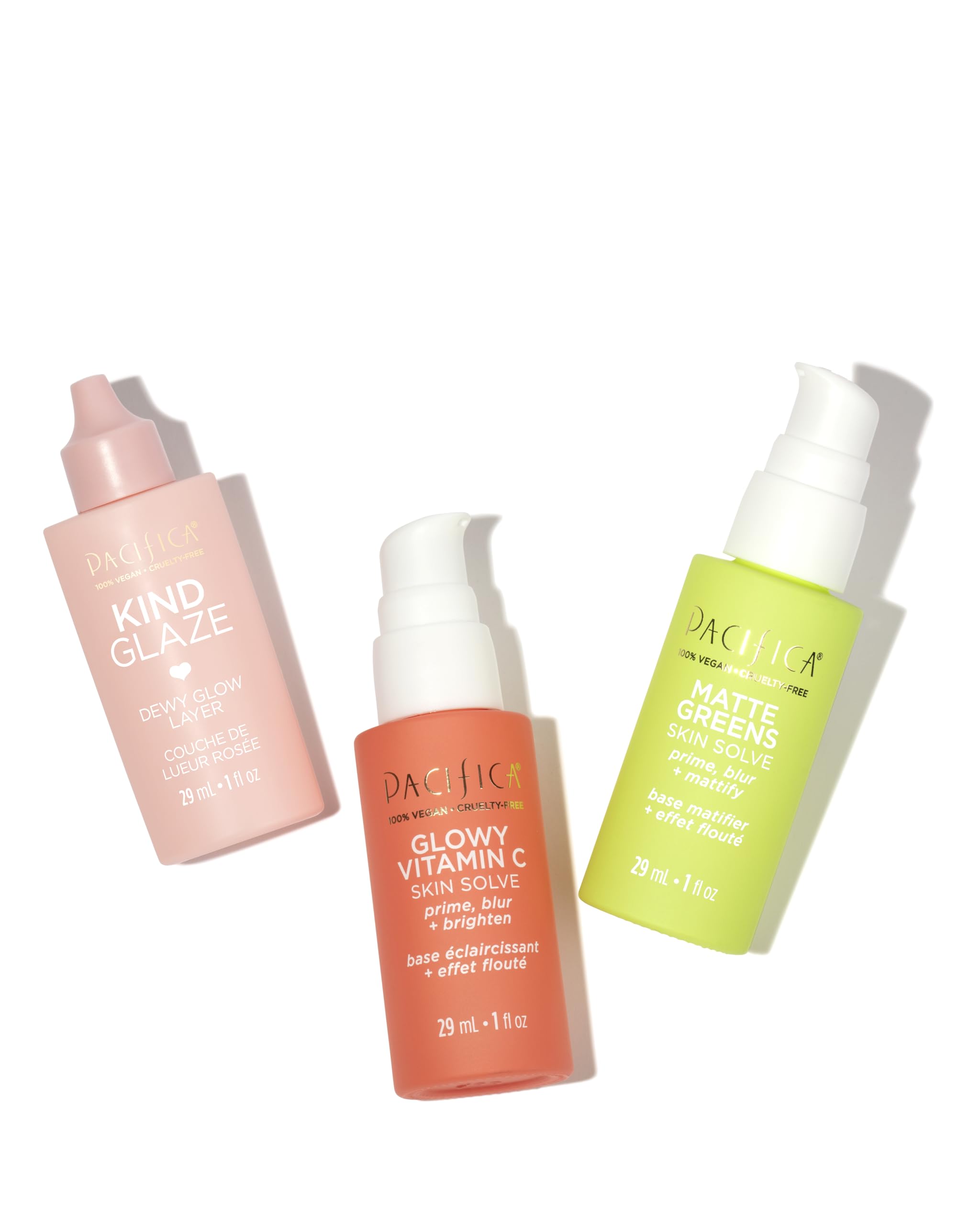 Pacifica Glowy Vitamin C Skin Solve Primer bottle shown in sunlight for glow.