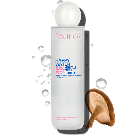 Pacifica Happy Water Toner bottle showing sleek packaging for balanced hydration.