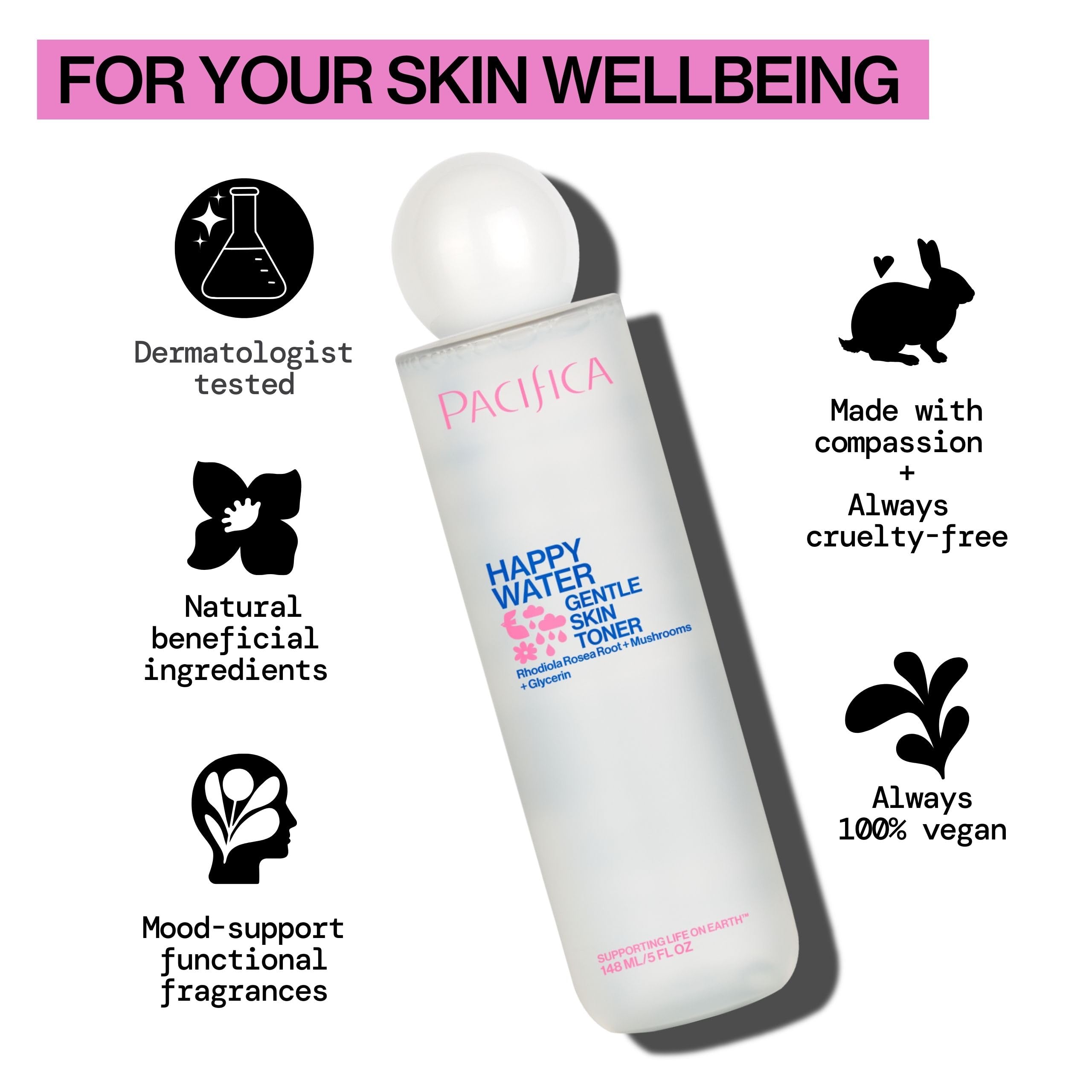Pacifica Happy Water Toner hyaluronic acid detail shows plump, soft skin.