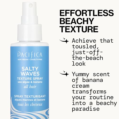 Damp hair mid lengths spritzed with Pacifica Salty Waves for light hold