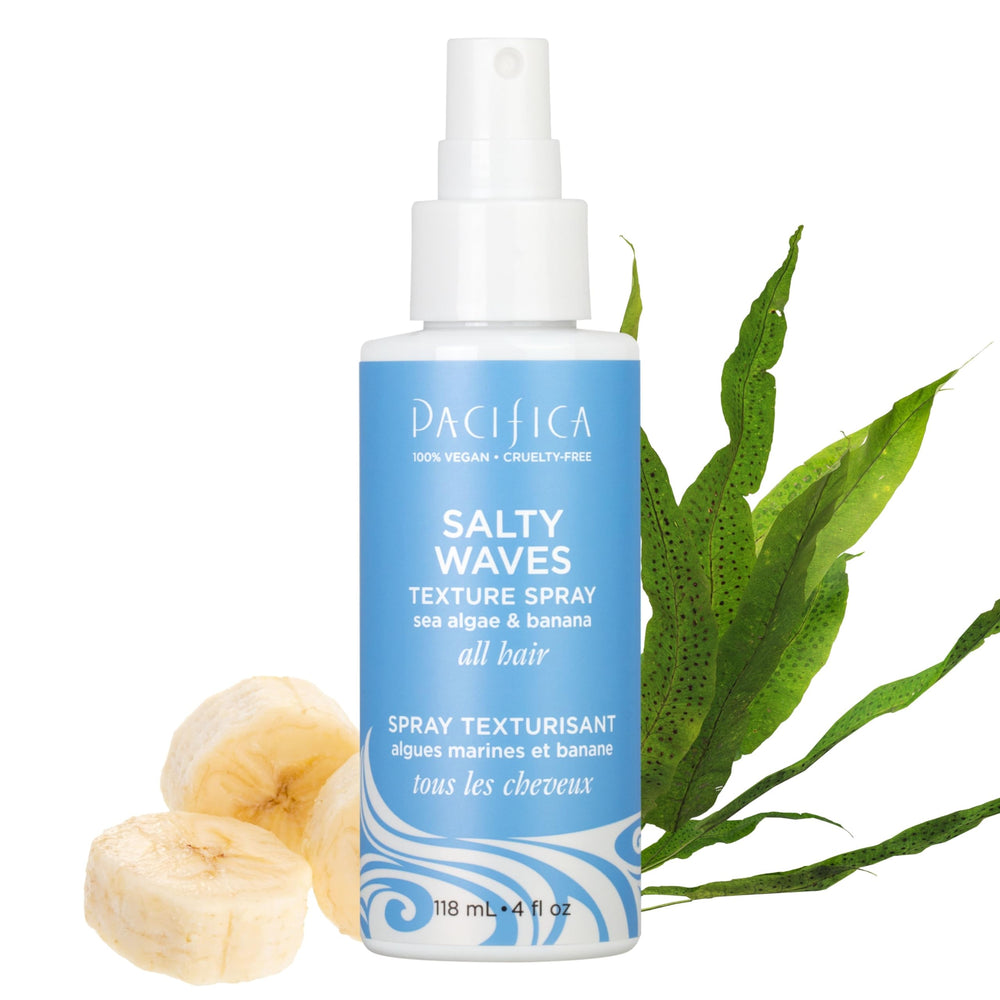 Pacifica Salty Waves Sea Salt Spray bottle on vanity for beachy texture