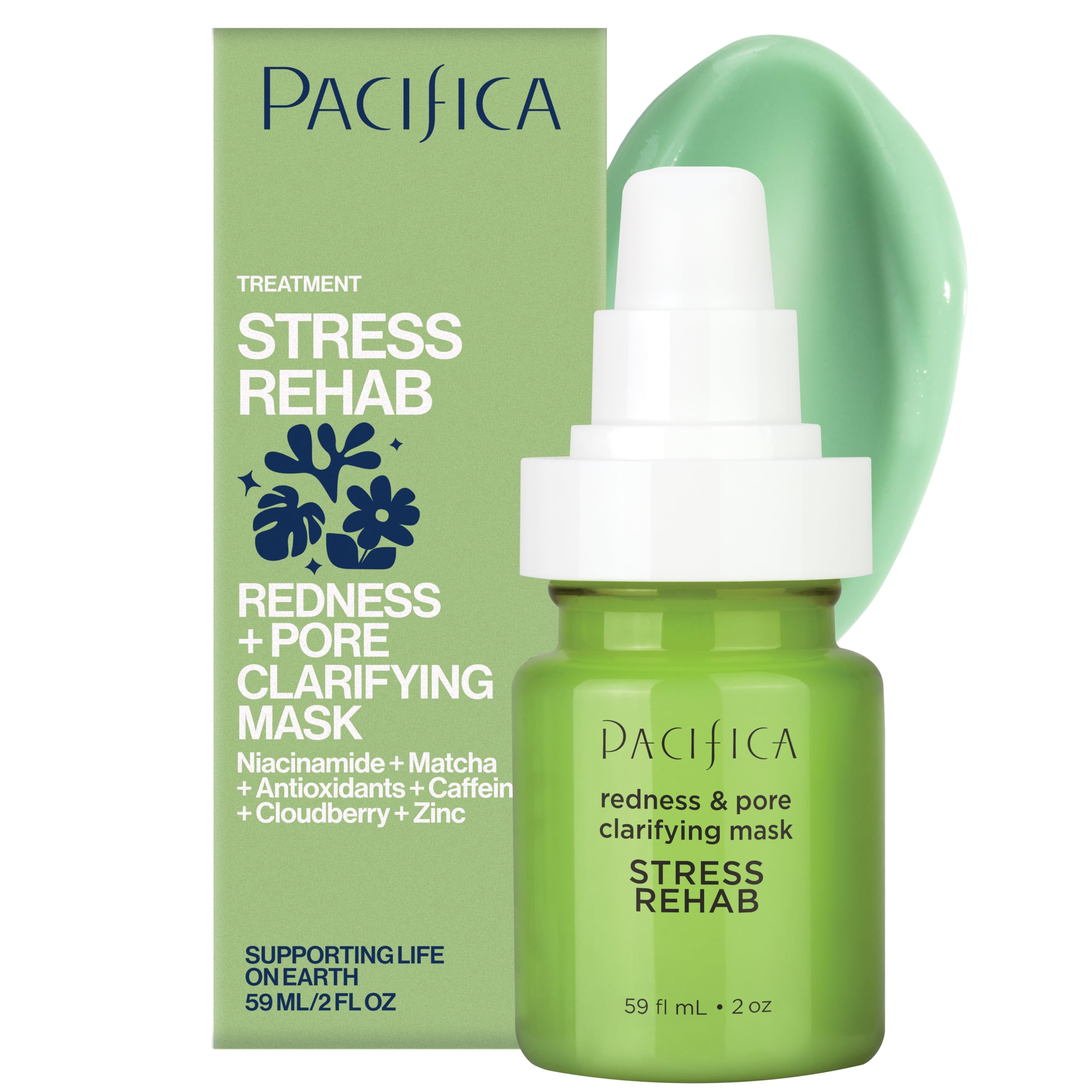 Pacifica Stress Rehab mask packaging close-up, highlighting vegan, cruelty-free formula.