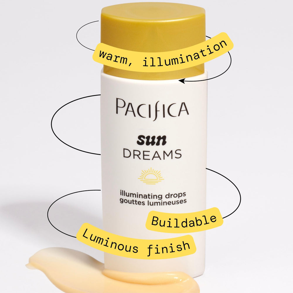 Pacifica Sunset Glow Drops on skin delivering hydration and a light-reflective glow