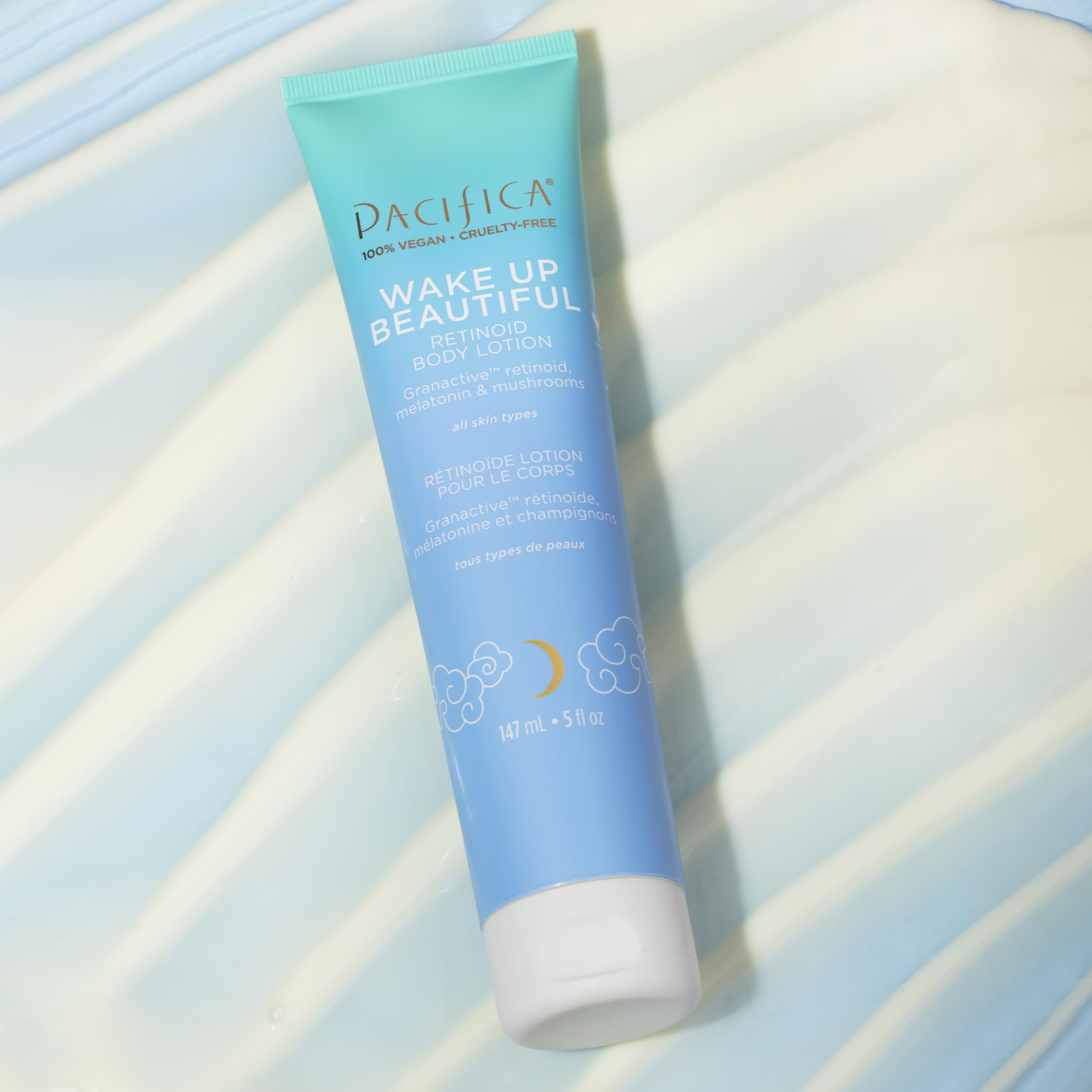 Night routine shot featuring Pacifica Wake Up Beautiful retinoid body lotion