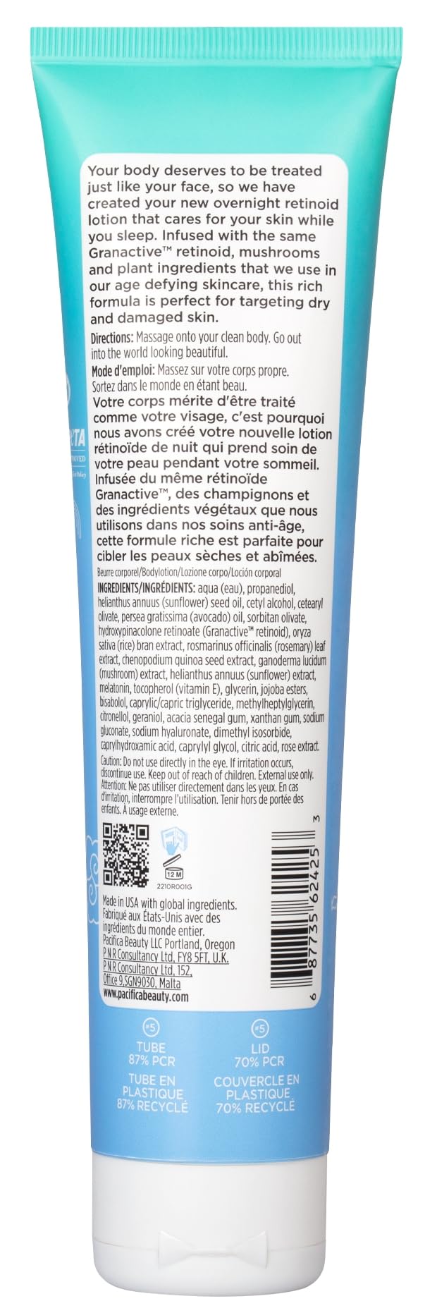 Ingredients panel highlighting Granactive Retinoid and natural oils in Pacifica lotion