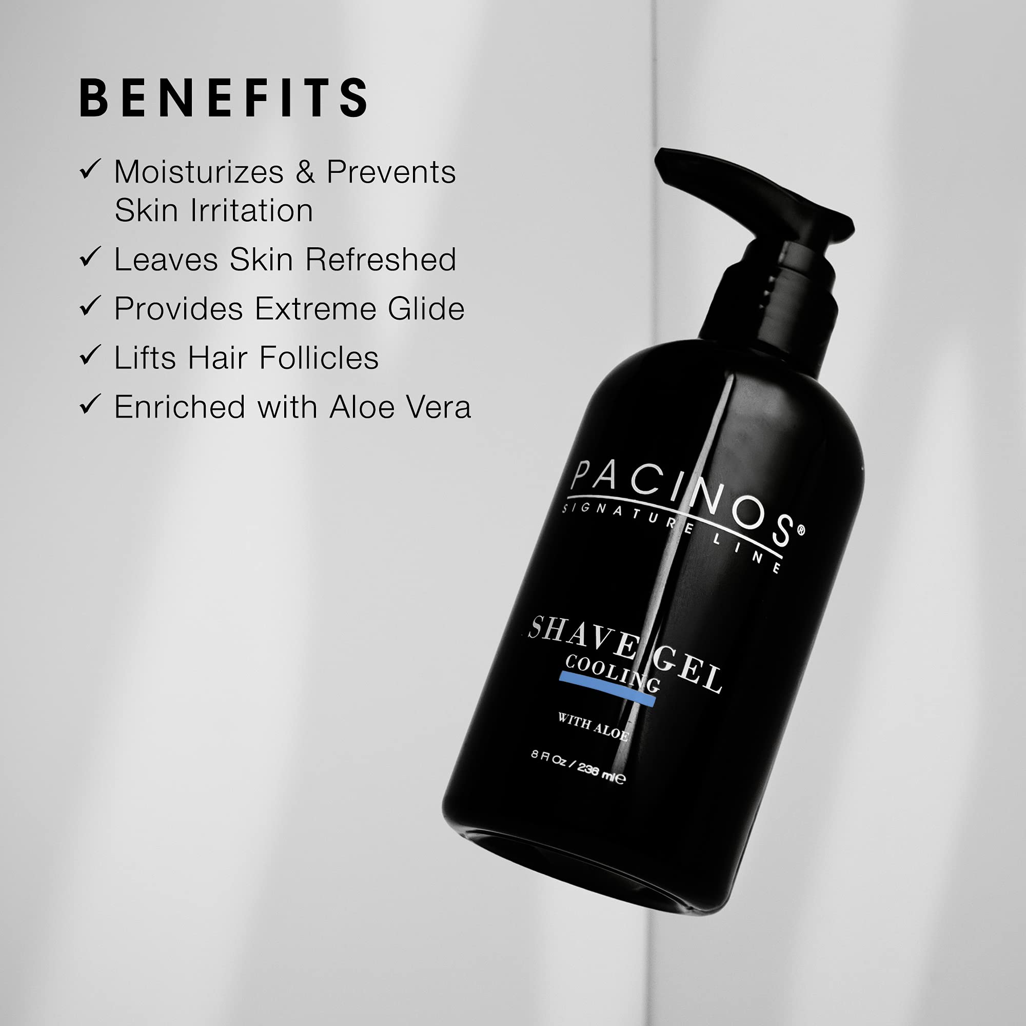 Pacinos shave gel pump dispenses quickly for even application.