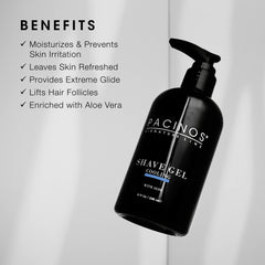 Pacinos shave gel pump dispenses quickly for even application.