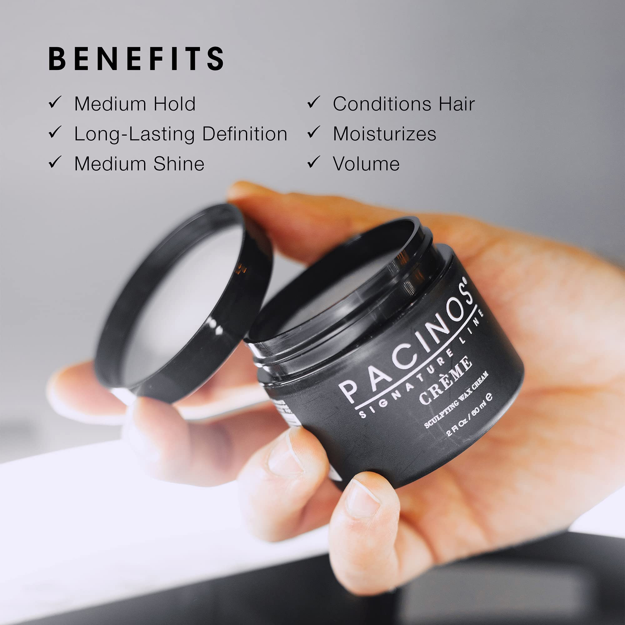 Pacinos Creme semi-shine finish bottle provides balanced gloss for everyday looks.