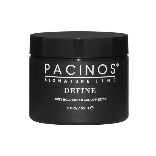 Pacinos Define Light Hold bottle close-up showcasing sleek design for easy styling.