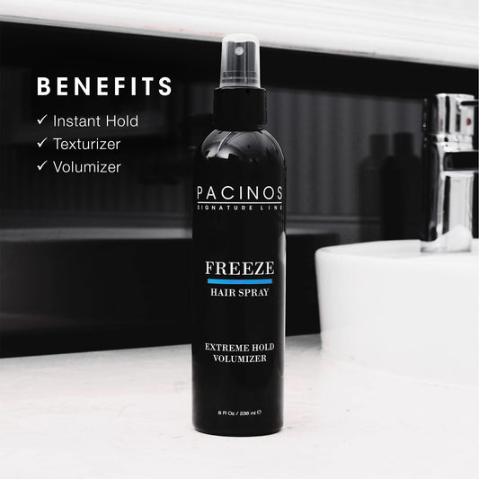 Pacinos Freeze Hair Spray dispensing action for quick, even application.