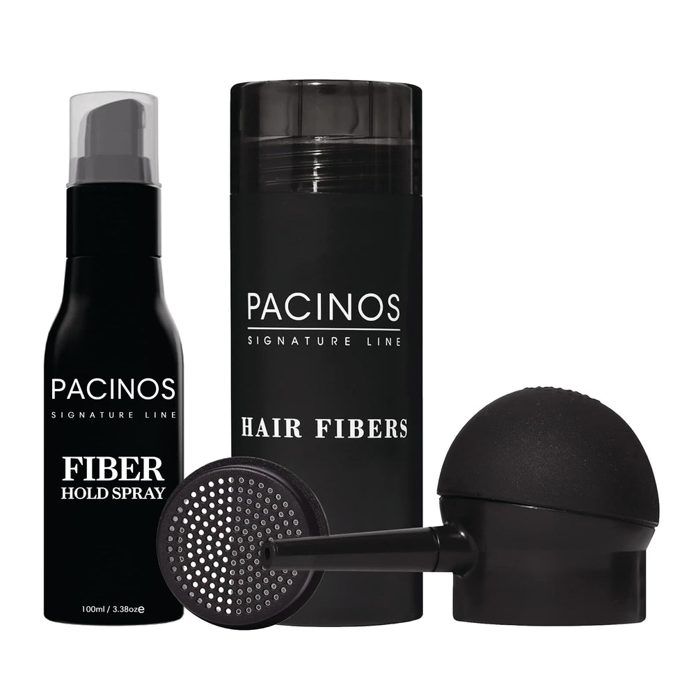 Pacinos Hair Fiber Kit cover spot showing natural blend and fuller-looking hair