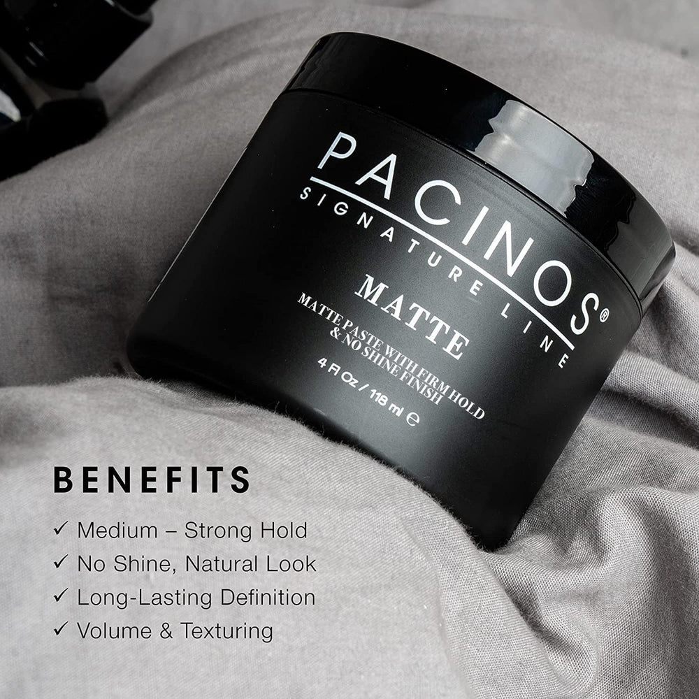Pacinos Matte Hair Paste defines short hair with crisp lines and natural look.