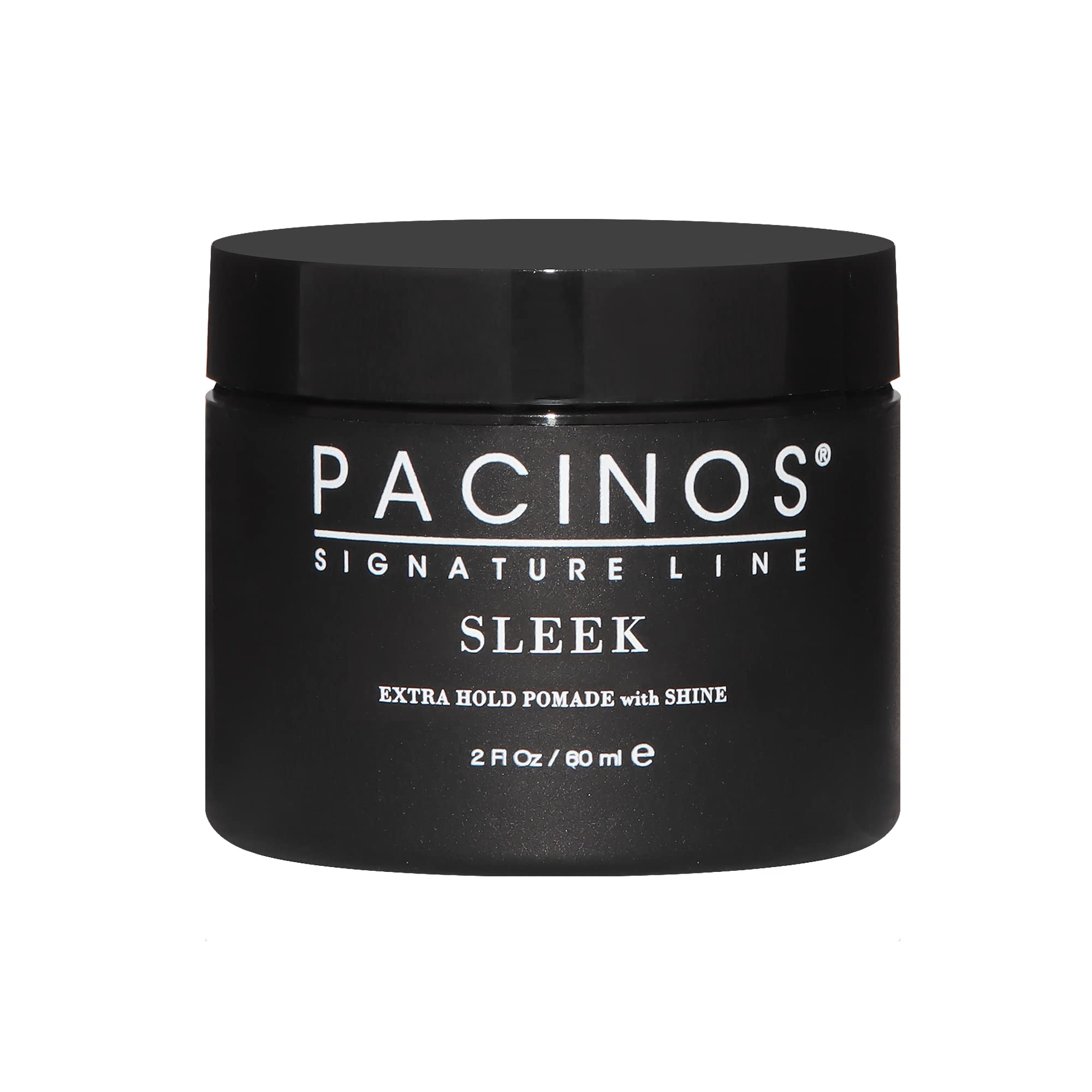 Pacinos Sleek Extrahold pomade bottle shows all-day hold with a glossy finish.