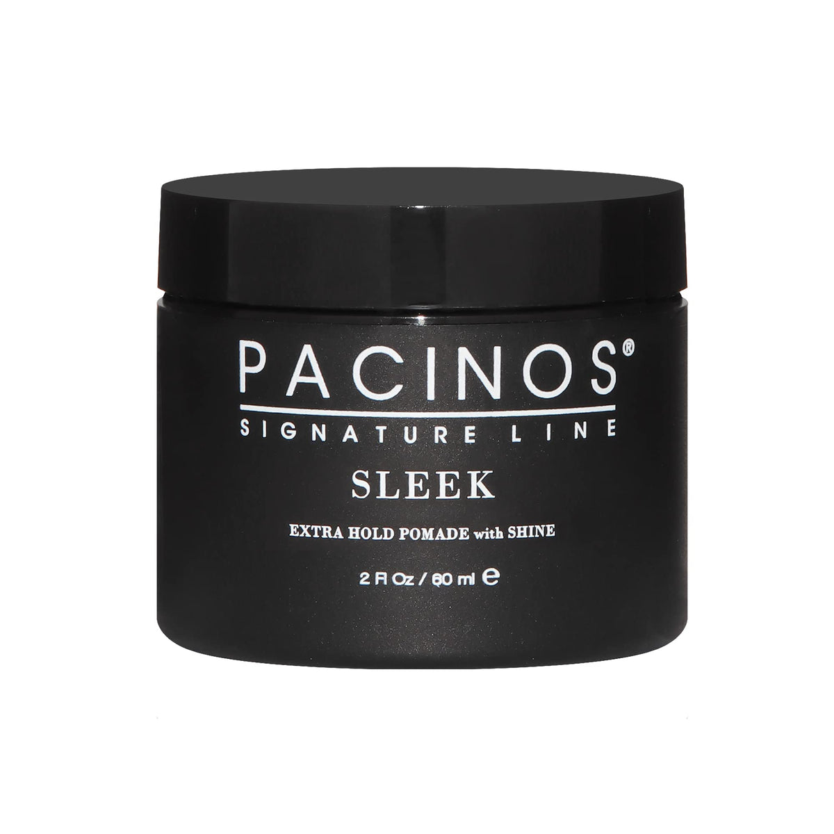 Pacinos Sleek Extrahold pomade bottle shows all-day hold with a glossy finish.