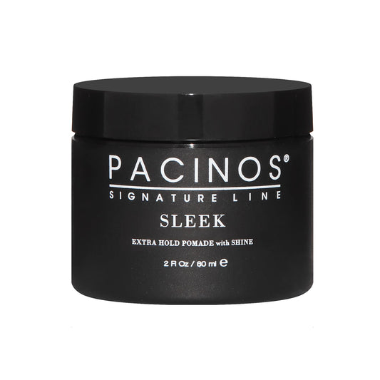 Pacinos Sleek Extrahold pomade bottle shows all-day hold with a glossy finish.
