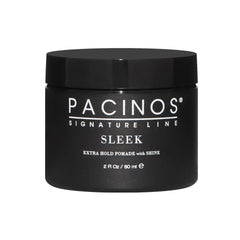Pacinos Sleek Extrahold pomade bottle shows all-day hold with a glossy finish.
