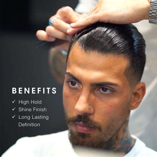 Close-up of Pacinos Sleek Extrahold pomade jar showing pliable texture for flexible styling.