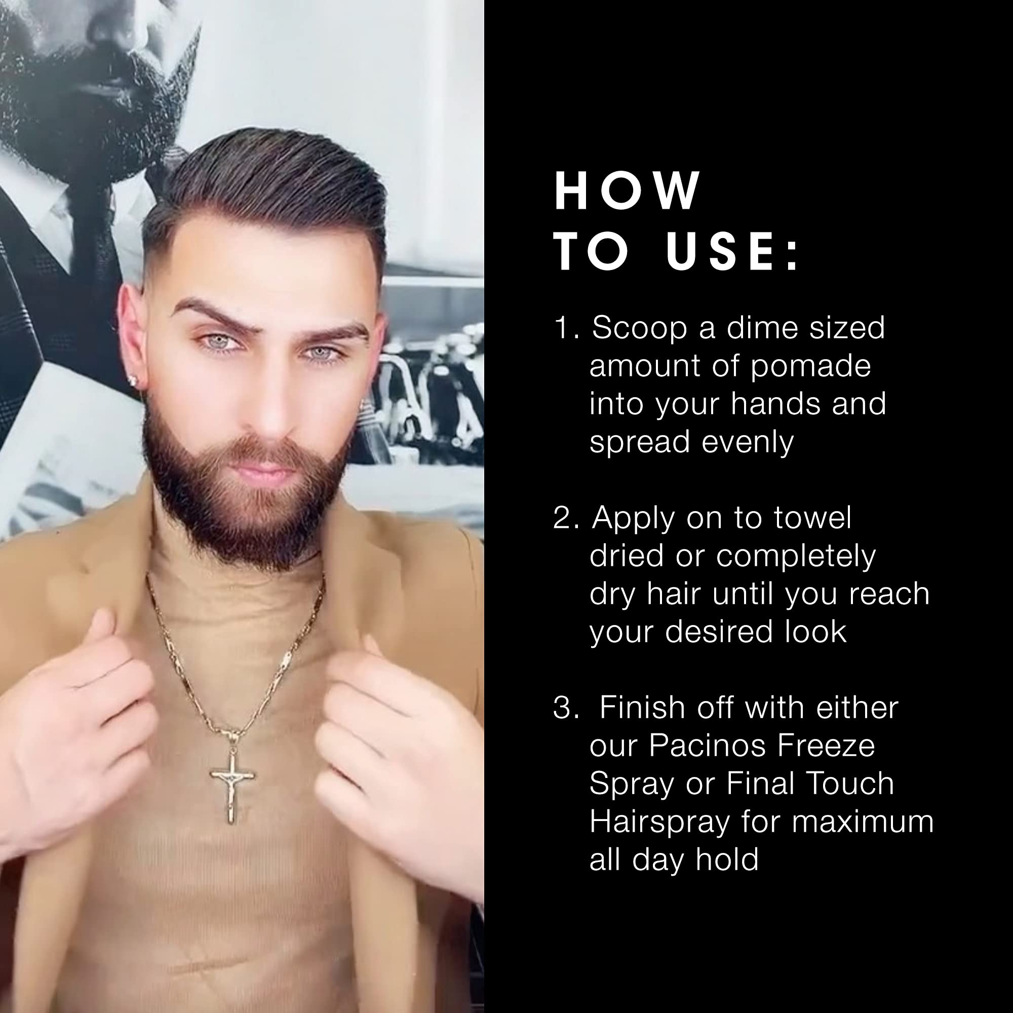 Reflection highlights shine finish of Pacinos Sleek Extrahold pomade on a sleek look.