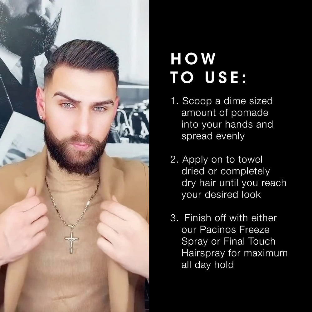 Reflection highlights shine finish of Pacinos Sleek Extrahold pomade on a sleek look.