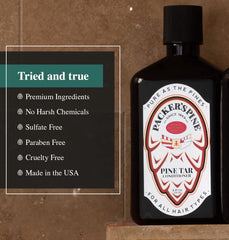 Packer's Pine Tar Shampoo bottle in a shower setting with mist.