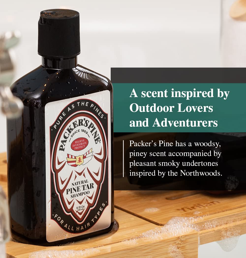 Packer's Pine Tar Shampoo in a forest shower scene for outdoors-ready hair.
