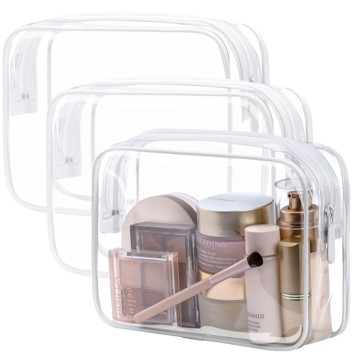 PACKISM clear toiletry bag front view; three-pack set ideal for TSA checks.