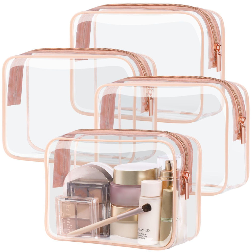 Packism clear toiletry bag front view in rose pink for quick security checks