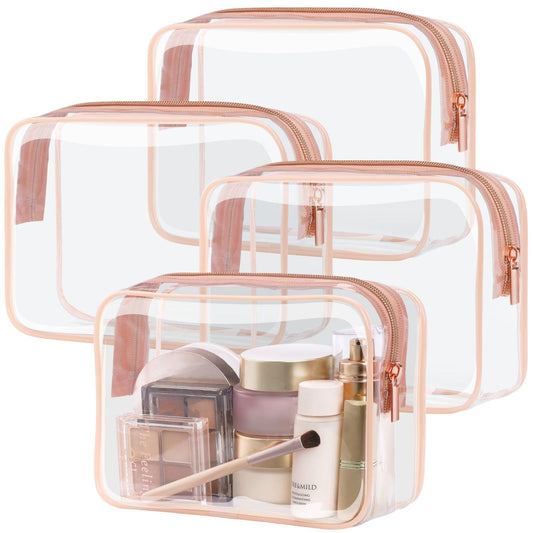 Packism clear toiletry bag front view in rose pink for quick security checks