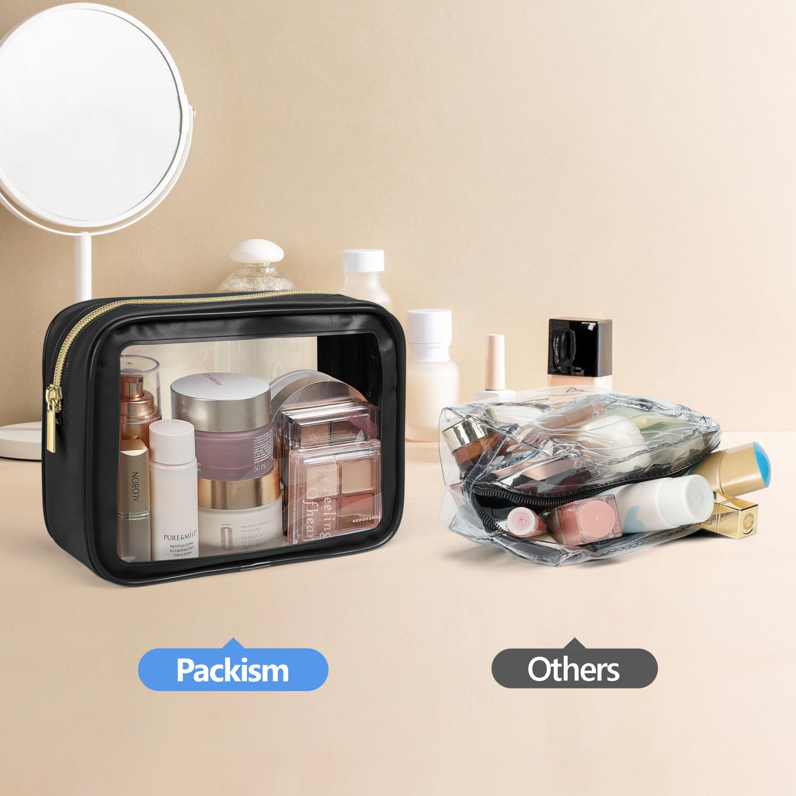PACKISM edge-colored trim detail, adds durability and style to clear bags.
