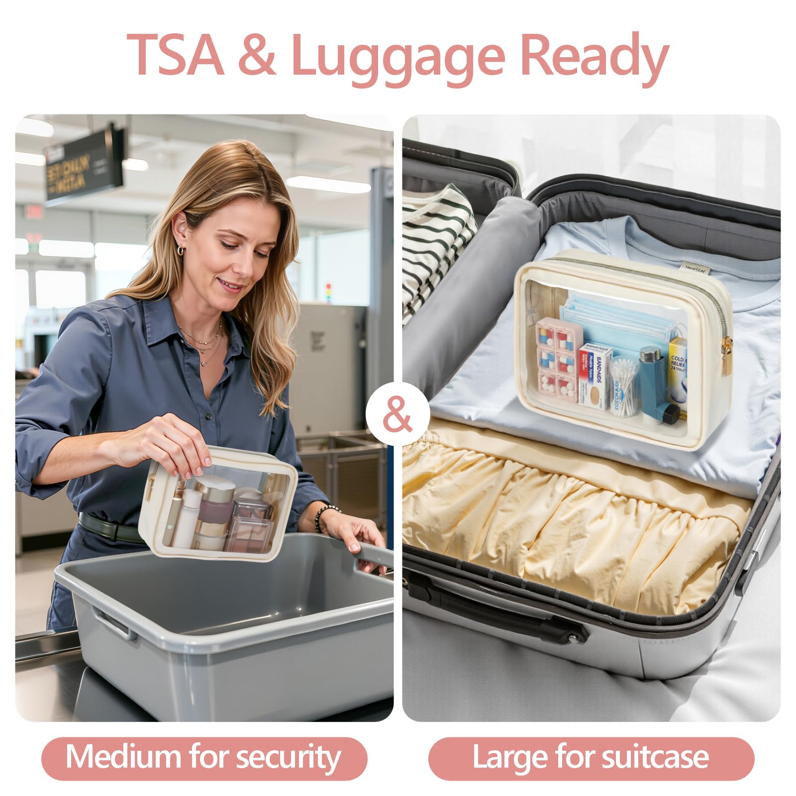 PACKISM large clear makeup bag open with compartments for easy access on the go.