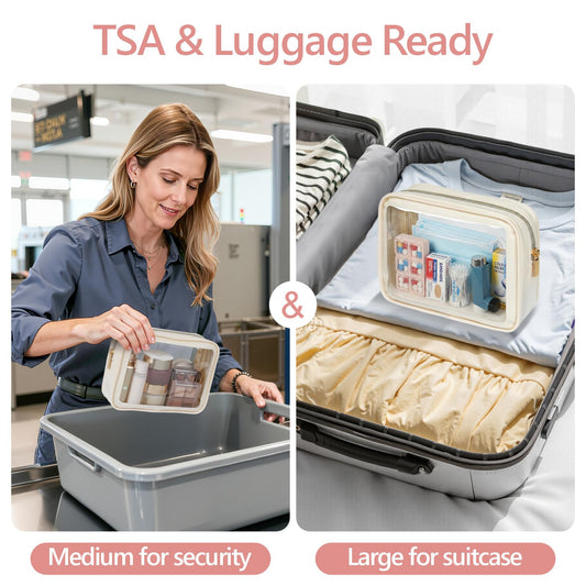 PACKISM large clear makeup bag open with compartments for easy access on the go.