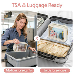 PACKISM large clear makeup bag open with compartments for easy access on the go.