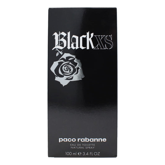 Paco Rabanne BLACK XS bottle front view, bold masculine fragrance.