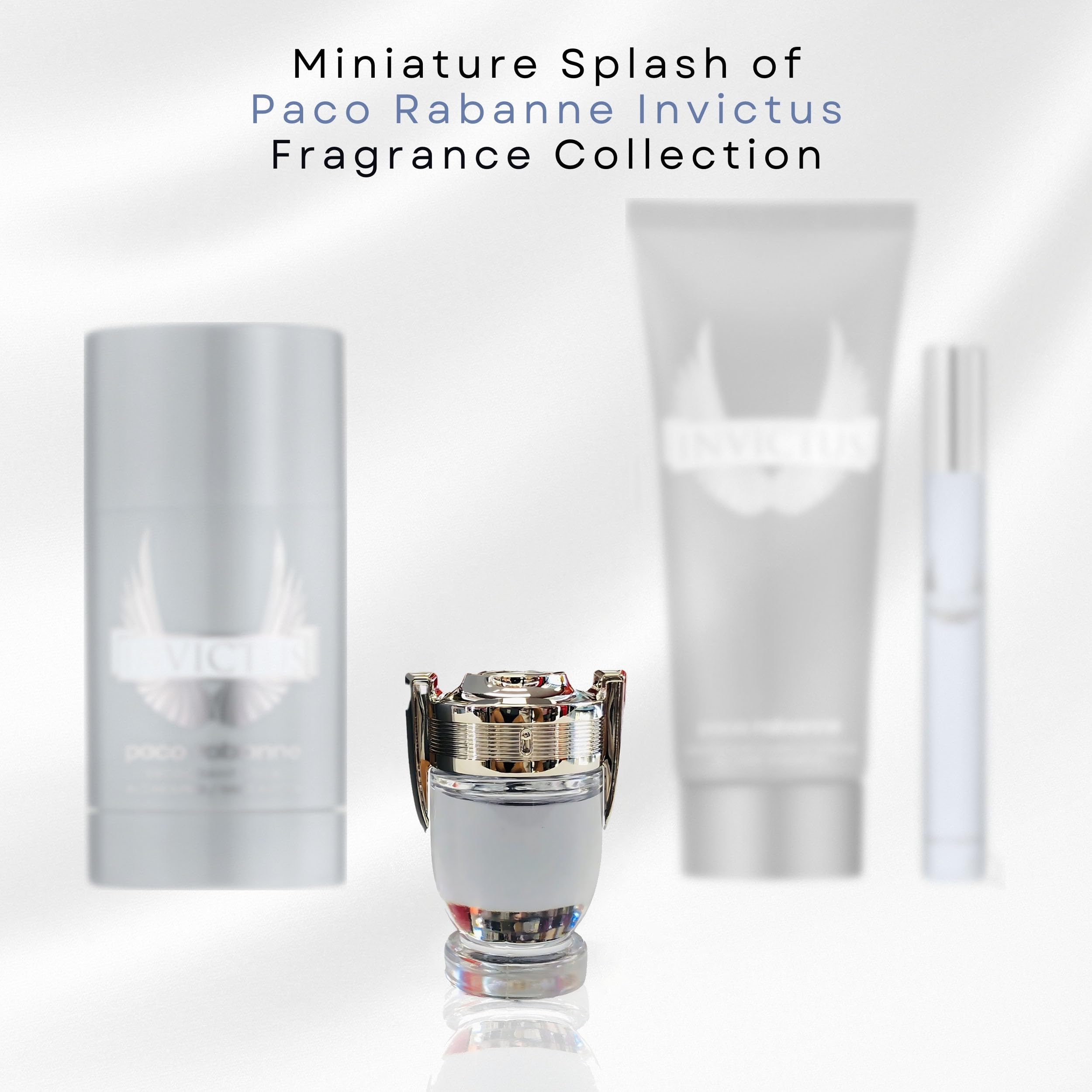 Paco Rabanne Invictus mini splash label, recognizable branding and premium feel.