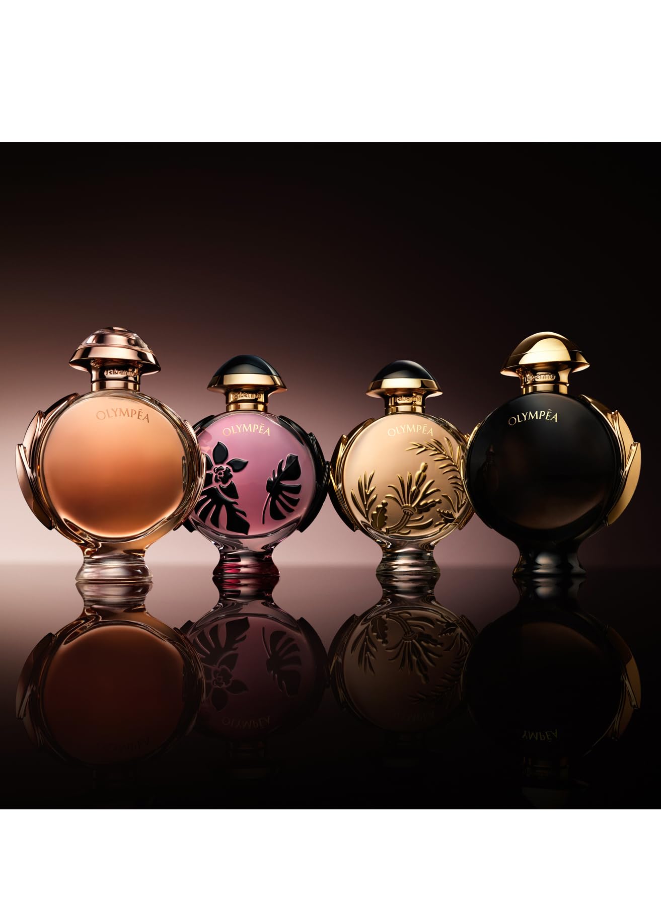 Paco Rabanne Olympéa packaging rose-gold bottle, premium presentation for gifting.