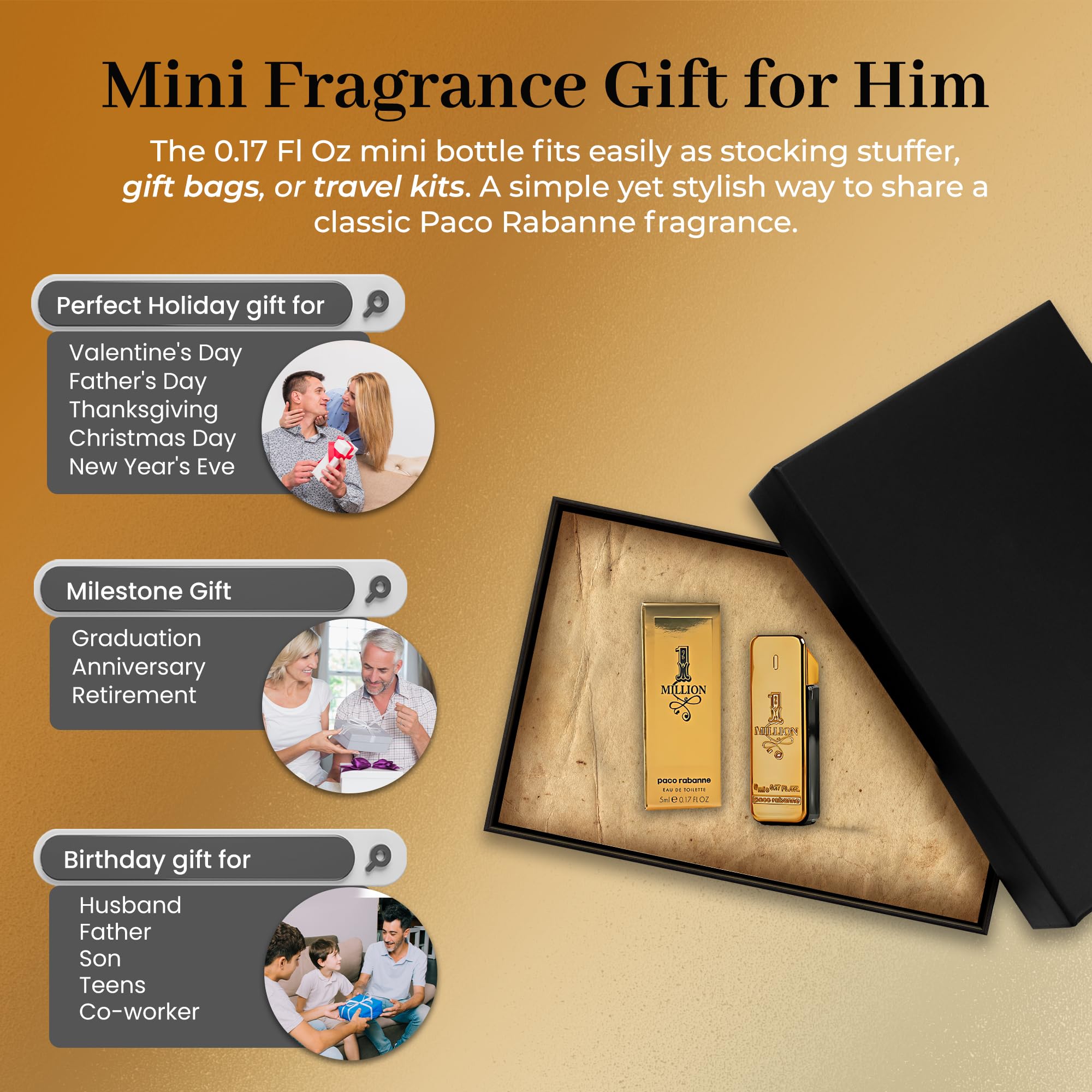 Paco Rabanne One Million mini splash in travel kit for portability.
