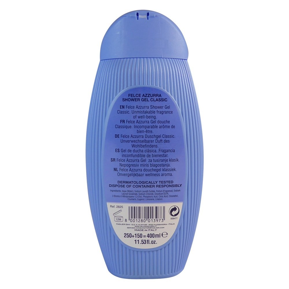 Paglieri Felce Azzurra classic shower gel label on bottle, highlighting made in Italy quality and original scent.