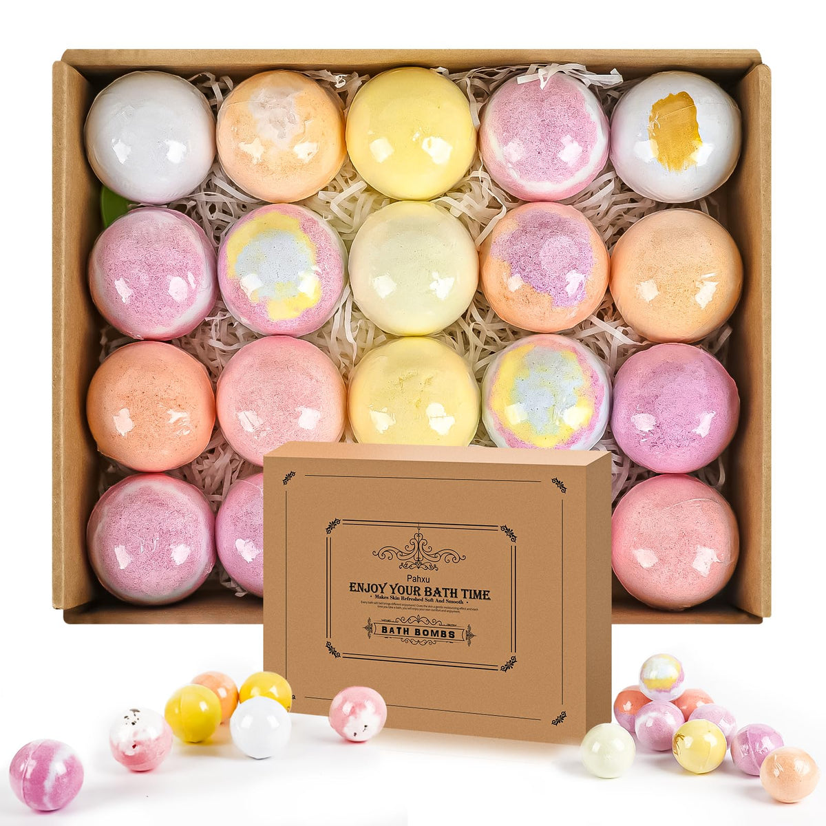 Pahxu bath bombs 20pcs box with vibrant fragrances for a spa-like soak.