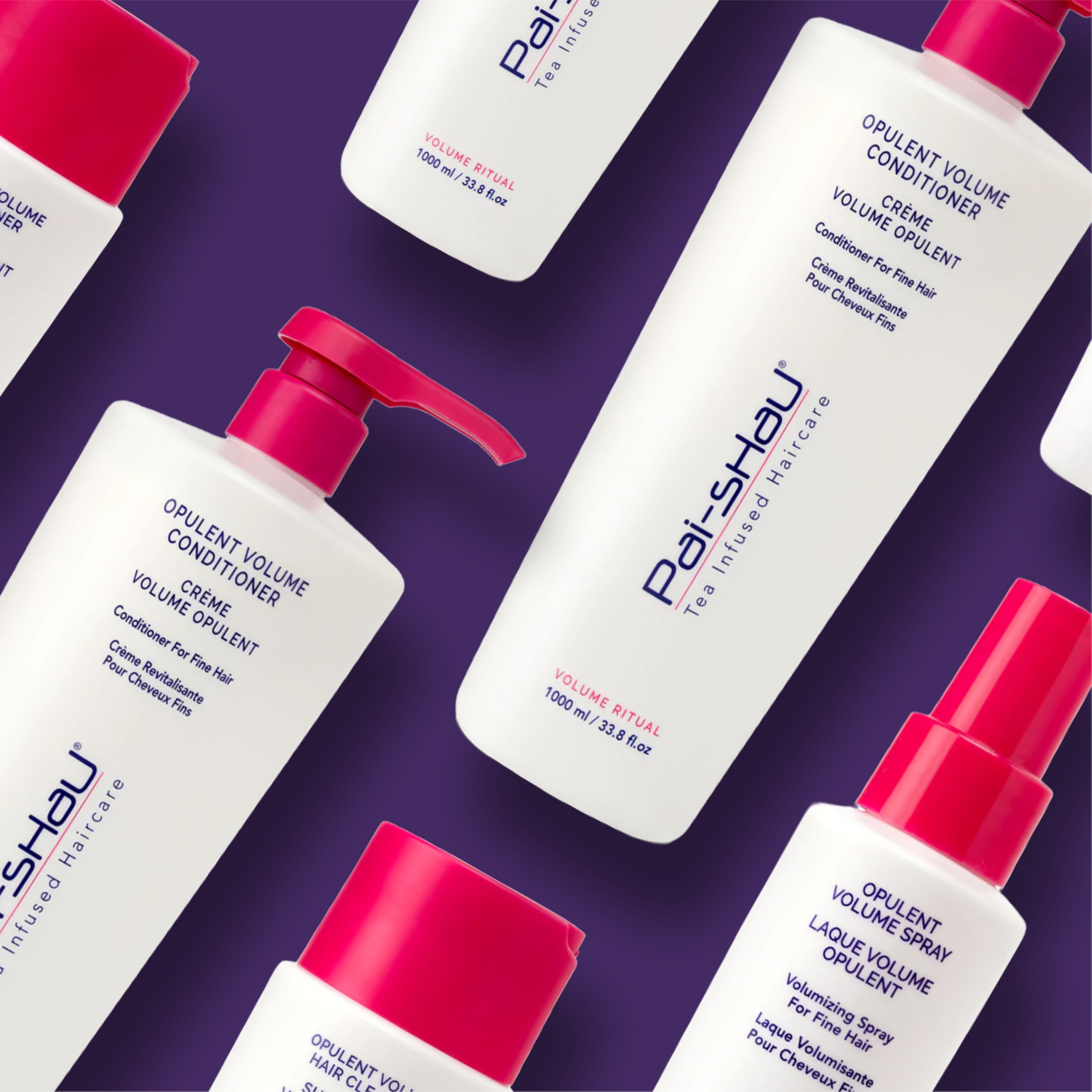 Pai-Shau bathroom scene with bottles on counter suggests a luxurious hair care routine.