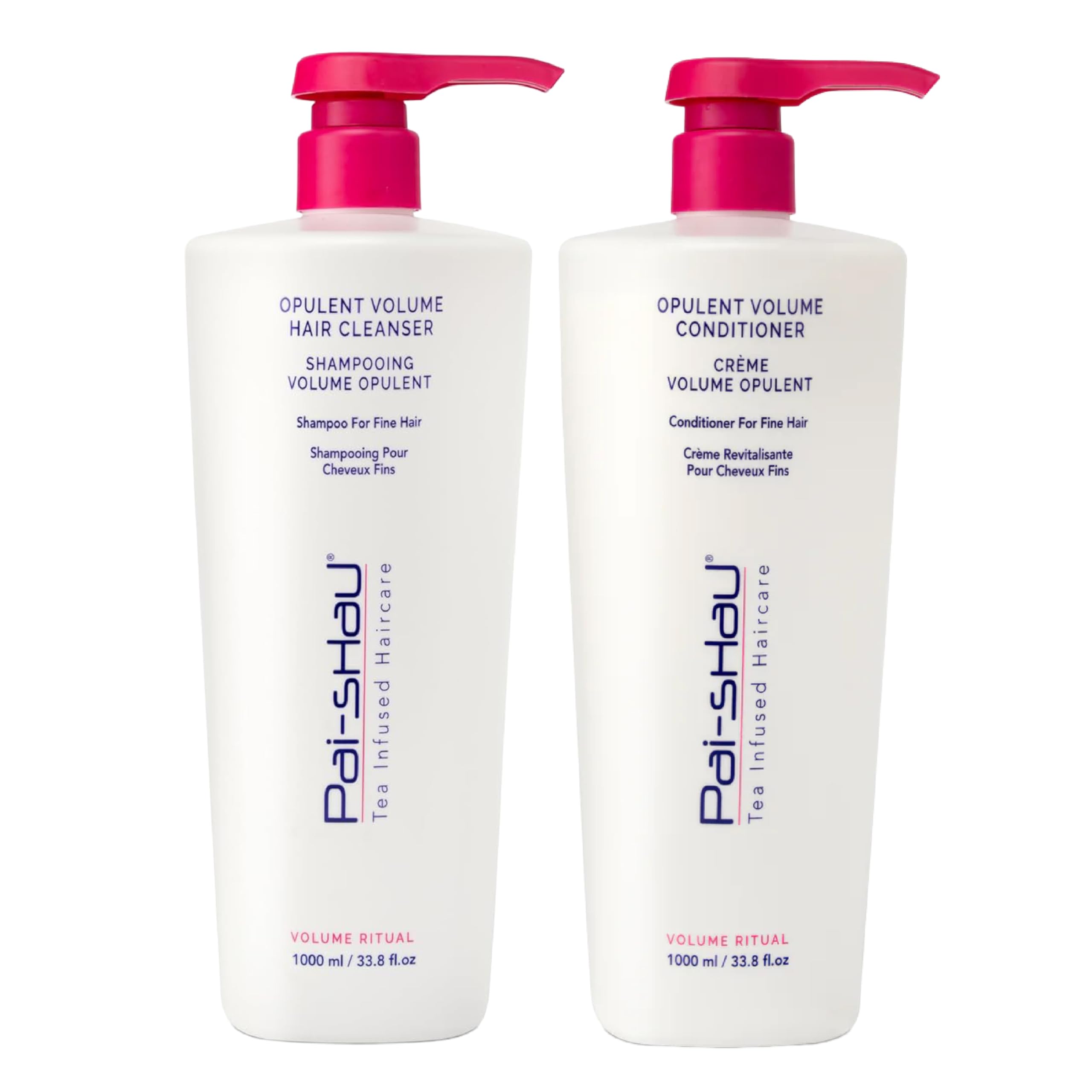 Pai-Shau Opulent Volume cleanser 1L bottle promotes lasting fullness for fine hair.
