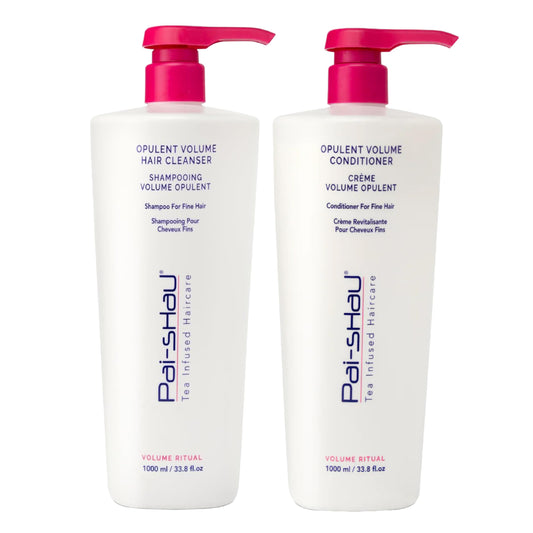 Pai-Shau Opulent Volume cleanser 1L bottle promotes lasting fullness for fine hair.