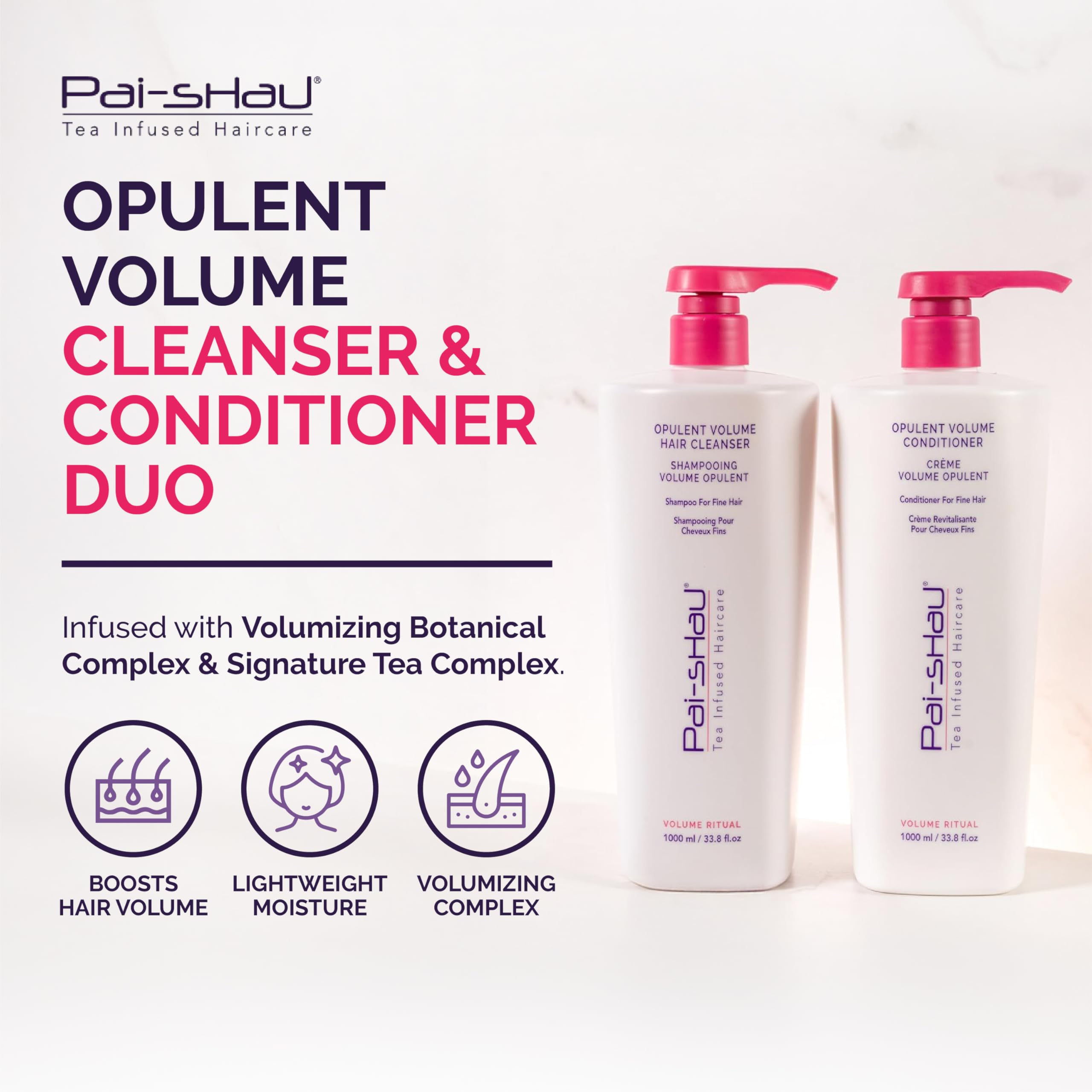 Pai-Shau Opulent Volume conditioner 1L bottle helps lift and hydrate for volume.