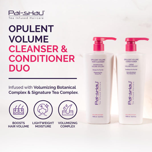 Pai-Shau Opulent Volume conditioner 1L bottle helps lift and hydrate for volume.