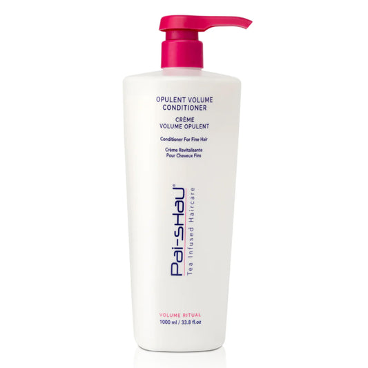 Pai-Shau Opulent Volume Conditioner bottle closeup showing premium packaging and lightweight hydration for fine hair.