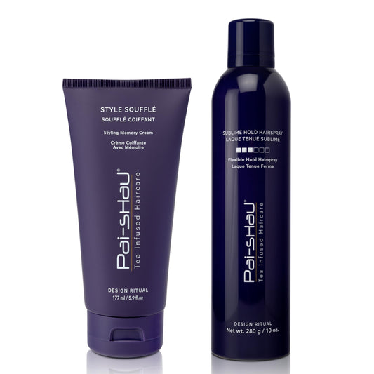 Pai-Shau Style Soufflé and Sublime Hold bottle pour for flexible hold and frizz control.