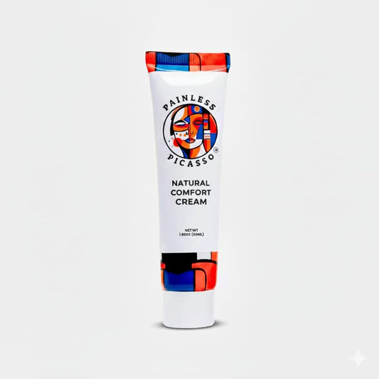Painless Picasso plant-based skin prep cream jar shows smooth, even application before treatments.