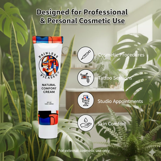 Painless Picasso plant-based skin prep cream texture close-up signals silky, fast absorption.