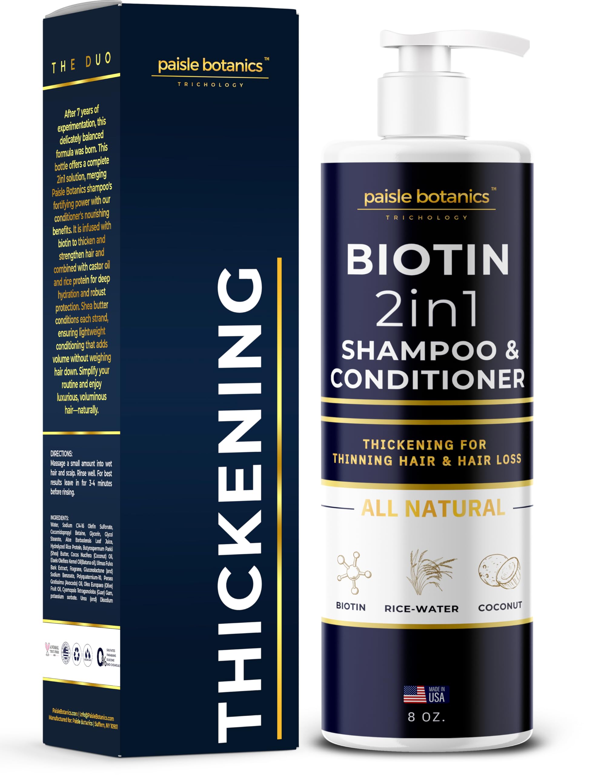 Paisle Botanics Biotin 2-in-1 shampoo bottle boosts volume for thinning hair.