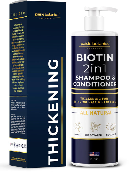 Paisle Botanics Biotin 2-in-1 shampoo bottle boosts volume for thinning hair.